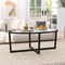 Modern Oval Glass Coffee Table with Acacia Wood Base for Living Room